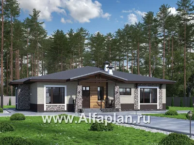 Купить проект каркасного одноэтажного дома с террасой 17КМ03.03 по цене  9690 руб.