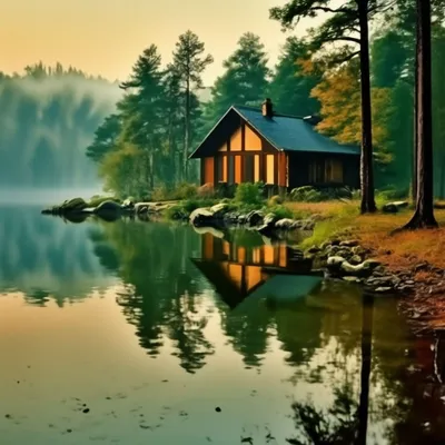 Домик в лесу у озера рисунок - 69 фото