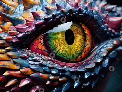 Драконий глаз. Разноцветный глаз фантастического дракона. Разноцветные глаза.  Концепция мифологических существ. Звериный глаз. Фантастический монстр.  Древняя рептилия. Темные тона. Крупным планом. 3D-иллюстрация - Ozero -  российский фотосток