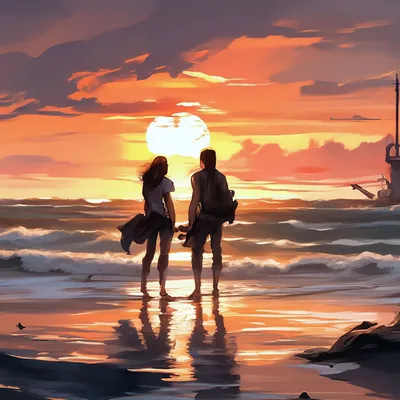 Двое парень и девушка на берегу …» — создано в Шедевруме