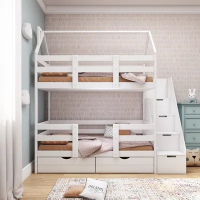 Двухъярусная детская (подростковая) кровать c бортиком и лестницей Альф  maxi (белая) купить в Минске
