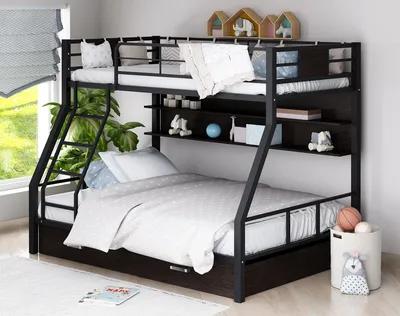 Детская двухъярусная кровать-домик Двушка премиум Трио 3.0 с широким нижним  спальным местом с окнами с лестницей-комодом от производителя MarKissA  купить