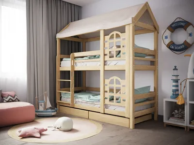 Двухъярусная кровать домик Бэби люкс 80х160 купить за 19190 руб. в интернет  магазине с доставкой в Москва и область и сборкой