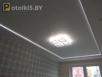 Двухуровневый потолок с фотопечатью и подсветкой в бревенчатом доме -  Тверские Натяжные Потолки