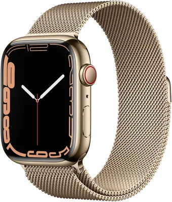 Часы Apple Watch Series 7 Cellular, 45 мм, корпус из нержавеющей стали  золотого цвета, миланский сетчатый браслет золотого цвета (MKJG3)  Екатеринбург - A66.ru