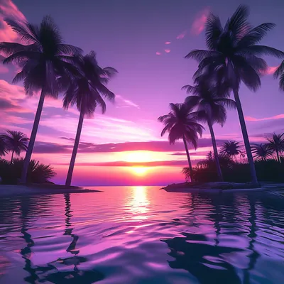 Фиолетовый закат на море, пальмы, …» — создано в Шедевруме