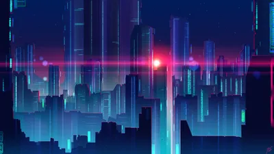 Wallpaper Synthwave by Joey Jazz Skyscrapers Houses Cities 2560x1440