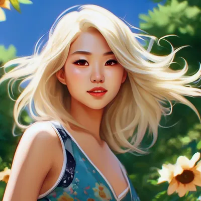 Девушка азиатка со светлыми волосами…» — создано в Шедевруме