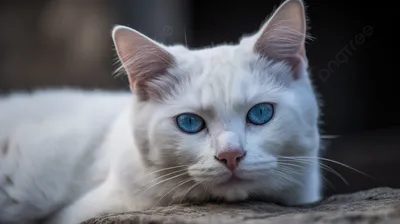 белый кот с голубыми глазами лежит на земле, голубоглазая кошка, Hd  фотография фото фон картинки и Фото для бесплатной загрузки