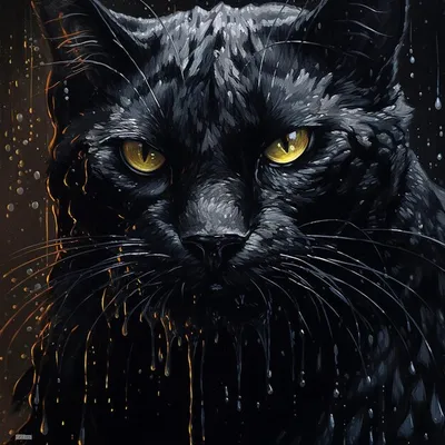 Крупный план серьезная черная кошка с жёлтыми глазами в темноте. Чёрное  лицо стоковое фото ©onlyblacktv.bk.ru 143211913
