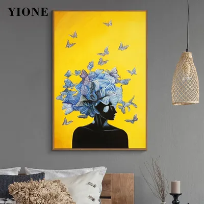 Абстрактная Картина на холсте голубые волосы бабочка девушка черная фигурка  женщина Искусство желтый плакат для гостиной Настенная картина печать Декор  | AliExpress