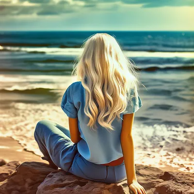 Девушка сидит у берега моря, волосы…» — создано в Шедевруме