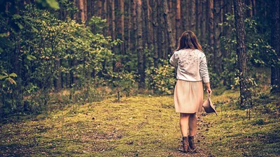 Девушка читает книги в осеннем лесу