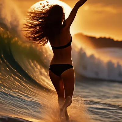 Красивая девушка в купальнике на пляже на закате | Премиум Фото