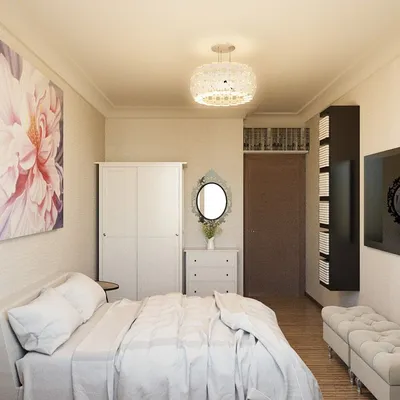 Дизайн спальни 12 кв м в современном стиле: планировка маленькой комнаты с  кроватью, телевизором и платяным шкафом - 29 фото