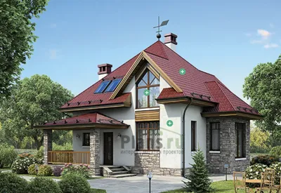Проект одноэтажного дома из газобетона с отделкой из кирпича с мансардой и  просторной гостиной D1296 | Каталог проектов Домамо