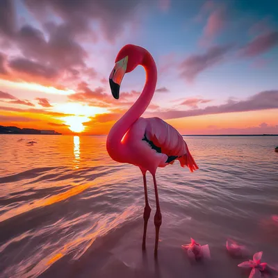 Розовый фламинго на закате рядом с…» — создано в Шедевруме