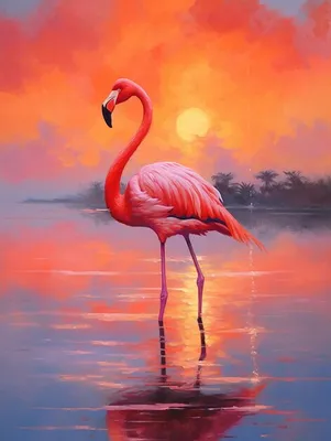 Фламинго на закате, картина младшего | Премиум Фото