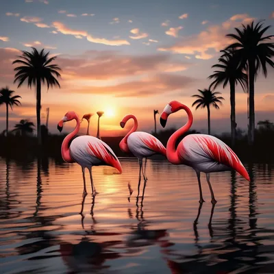 Фламинго на закате, в море скалы …» — создано в Шедевруме