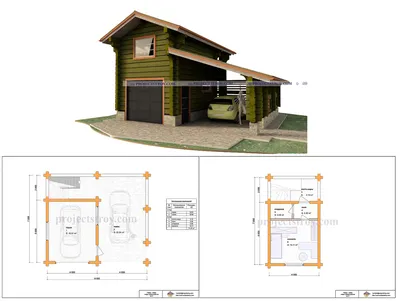 Проект гаража с комнатой и навесом