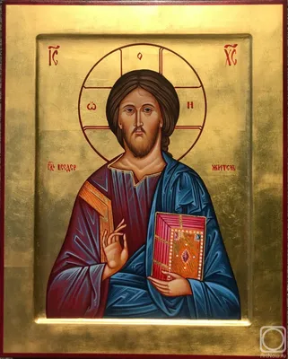 Писаная икона Спасителя на золотом фоне с резьбой