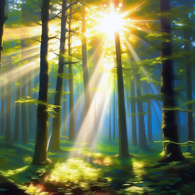 Лес в лучах солнца, арт, обои, …» — создано в Шедевруме