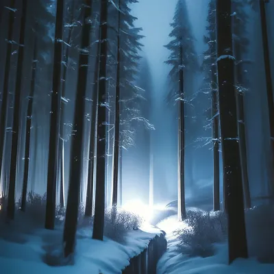 Зимний лес ночью, загадочные огни, …» — создано в Шедевруме