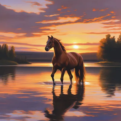 Лошадь коричневая у озера на закате» — создано в Шедевруме
