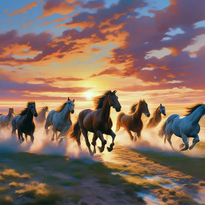 Обои на рабочий стол Две лошади бегут по берегу моря на закате солнца, обои  для рабочего стола, скачать обои, обои бесплатно