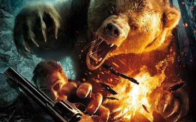 Обои на рабочий стол Огромный медведь гризли хочет сожрать мужчину, который  не может дотянуться до револьвера, обои для рабочего стола, скачать обои,  обои бесплатно