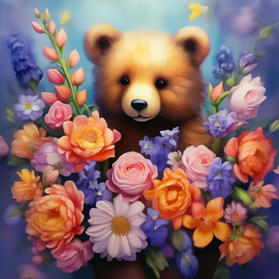 Медведь в цветах с бочкой мёда» — создано в Шедевруме