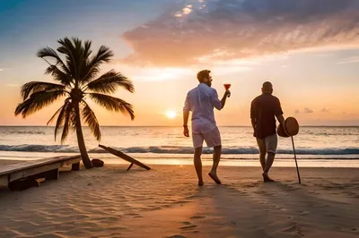 Двое мужчин гуляют по пляжу на фоне заката | Премиум Фото