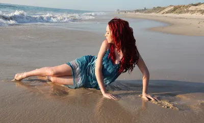 Download wallpaper sand, sea, wave, beach, girl, pose, profile, red hair,  section girls in resolution 5609x3376