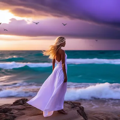 Красивая девушка брюнет в голубом платье, белом цветке в волосах сидя около  скалы, моря, осматривая профиль, Стоковое Фото - изображение насчитывающей  напольно, счастливо: 116621858