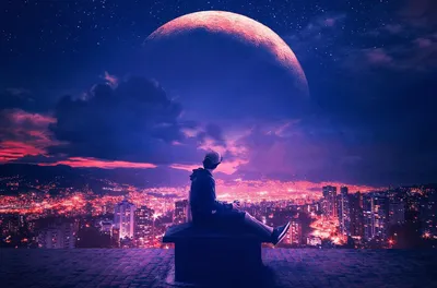 Обои на рабочий стол Парень сидит на крыше дома на фоне ночного города под  облачным небом с планетой, by aronvisuals, обои для рабочего стола, скачать  обои, обои бесплатно