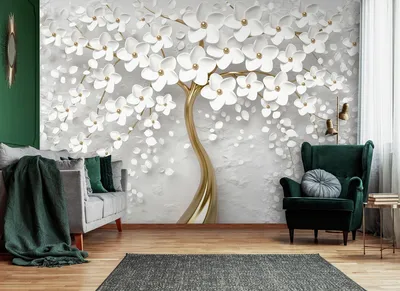 Флизелиновые фото обои абстракция 312x219 см 3D Золотое дерево с белыми  цветами (13589VEXXL)+клей (ID#1245561042), цена: 1400 ₴, купить на Prom.ua