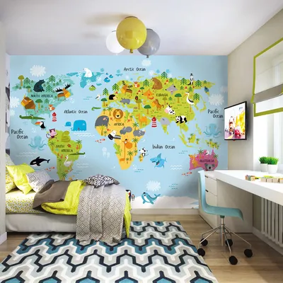 Фотообои и фрески - Арт. GK042020 - Детская карта мира на зеленом фоне