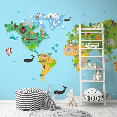 Фотообои с географической картой мира для детской комнаты.