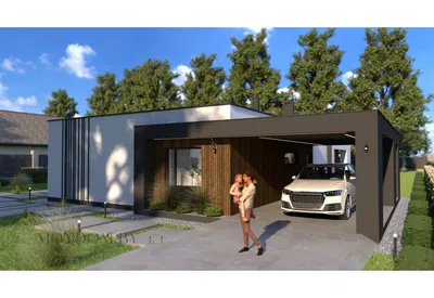 Проект одноэтажного дома с двухскатной крышей, гаражом, ванной с окном  D5391 | Каталог проектов Домамо