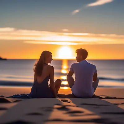 силуэты счастливой молодой пары парень и девушка на фоне оранжевого заката  в океане Фото И картинка для бесплатной загрузки - Pngtree