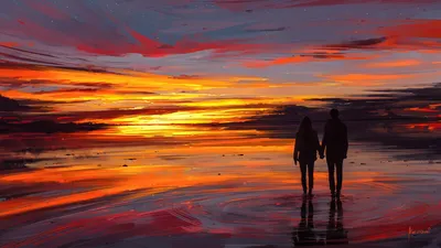 Молодая красивая пара гуляет по берегу моря на закате. Девушка и парень  влюблены друг в друга. Они с нежностью смотрят друг на друга. фотография  Stock | Adobe Stock