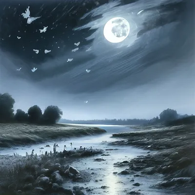 Река ночью в пышном сказочном лесу…» — создано в Шедевруме