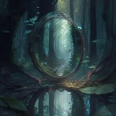 Фото Большое зеркало в осеннем лесу с его отображением