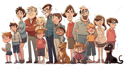 анимированная семья в очках стоит вместе, мультяшные семейные картинки,  мультфильм, семья фон картинки и Фото для бесплатной загрузки