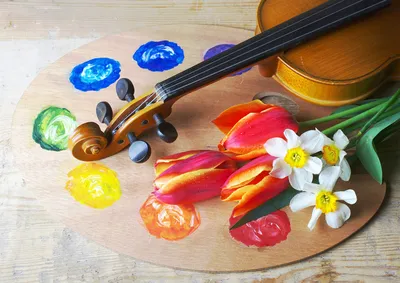 картина- цветы, скрипка - онлайн-пазл