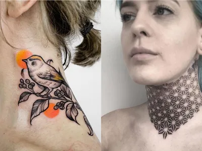 Татуировка женская графика на шее сова 944 | Art of Pain