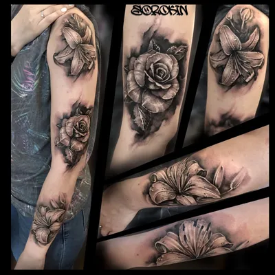 Временная тату-наклейка, эскиз, большие цветы, розы, пион, эскизы, тату-дизайн,  сексуальная модель для девочек, тату на руку, черные наклейки | AliExpress
