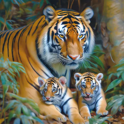Тигр и тигрица. рядом играют два …» — создано в Шедевруме