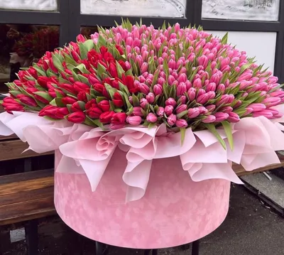 Заказать 45 розовых тюльпанов в коробке \"Пьер\" в Киеве