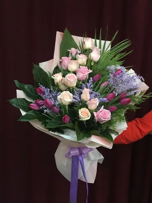 Букет \"Восторг\" розы, тюльпаны, эустома - Доставка свежих цветов в Абакане